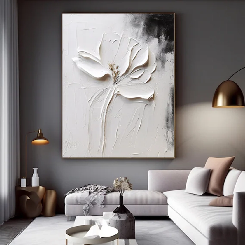 Original White Texture Abstract Flower oil Painting On Canvas Modern Floral Texture Acrylic Painting Floral Wall Art Boho Living Room Art