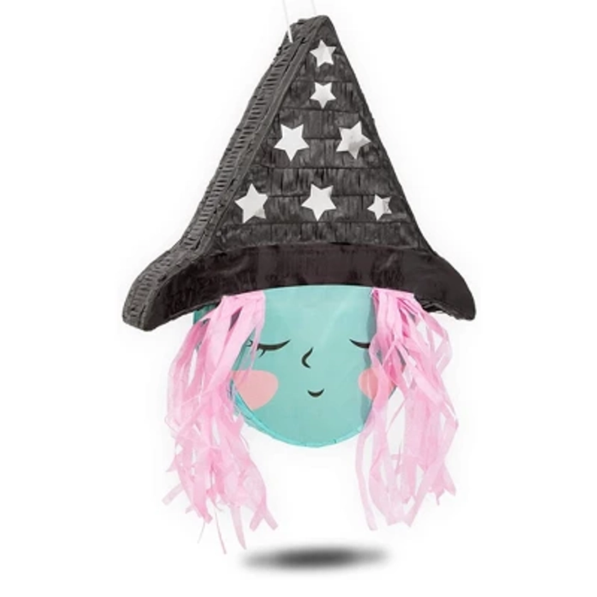 Spooky Central Cute Witch Pinata for Halloween Party Supplies, Silver Foil Stars, Pink Hair, 16 x 13 x 3 In