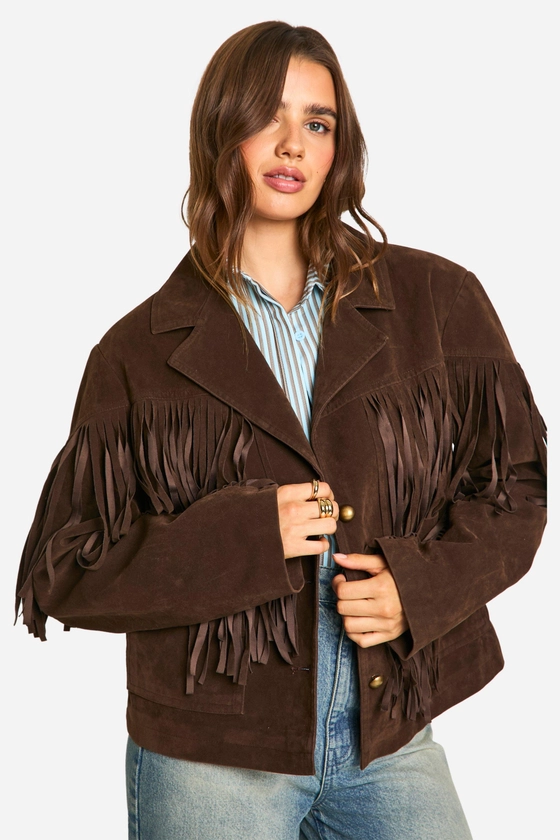 Vintage Suede Look Fringe Detail Jacket