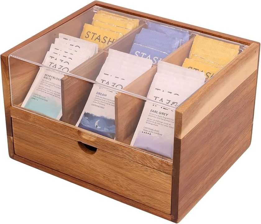 Large Tea Organizer 2 Tier with Drawer by HTB, Tea Bag Organizer with Acrylic Transparent Hinged Lid, 9 Compartments Wooden Tea Bag Holder for Home, Office, Tea Parties