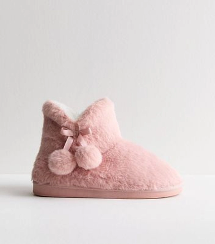 Pink Pom Pom Faux Fur Ankle Boot Slippers