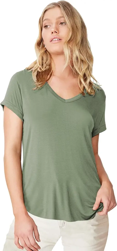 Buy Fabricorn Solid Sage Green Colour Cotton V-Neck Up Down Hem Short Sleeve Tshirt for Women (Sage Green, Large) at Amazon.in