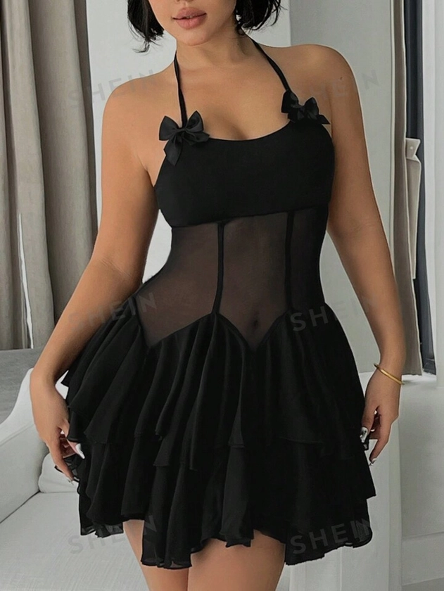 SHEIN Sweetina Vestido de tul de doble capa, entallado con detalle de lazo alrededor del cuello y dobladillo acampanado