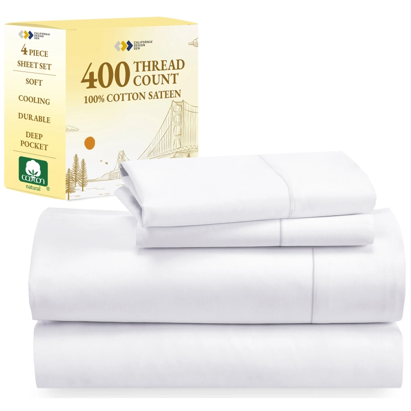 California Design Den King Sheets Set - 400 Thread Count 100% Cotton Sateen - Deep Pocket - Cooling - Breathable 4 Piece Adult/Teen Bed Sheet Set, Bright White