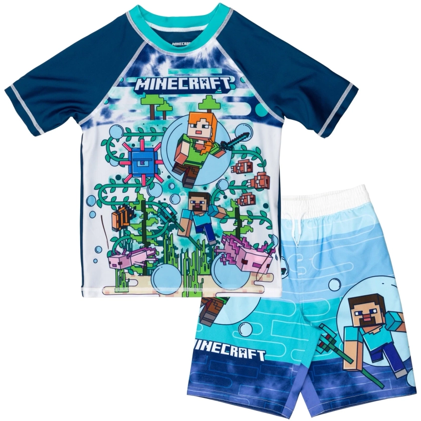 Minecraft Steve Alex UPF 50+ Rash Guard Swim Trunks Outfit Set Little Kid to Big Kid - Walmart.com