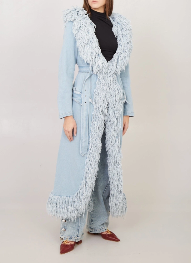 Washed Denim Furry Waisted Overcoat