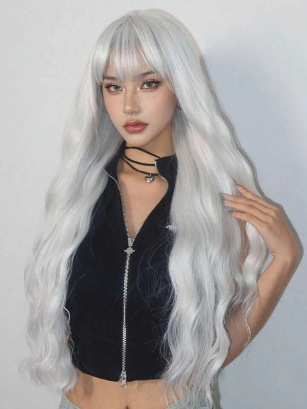 Pelucas Sintéticas Largas Blancas Rizadas Con Flequillo De 30 Pulgadas Para Mujeres, Pelucas De Cosplay Onda De Cuerpo Platino Gris Ceniza Resistente Al Calor De Cabello Natural