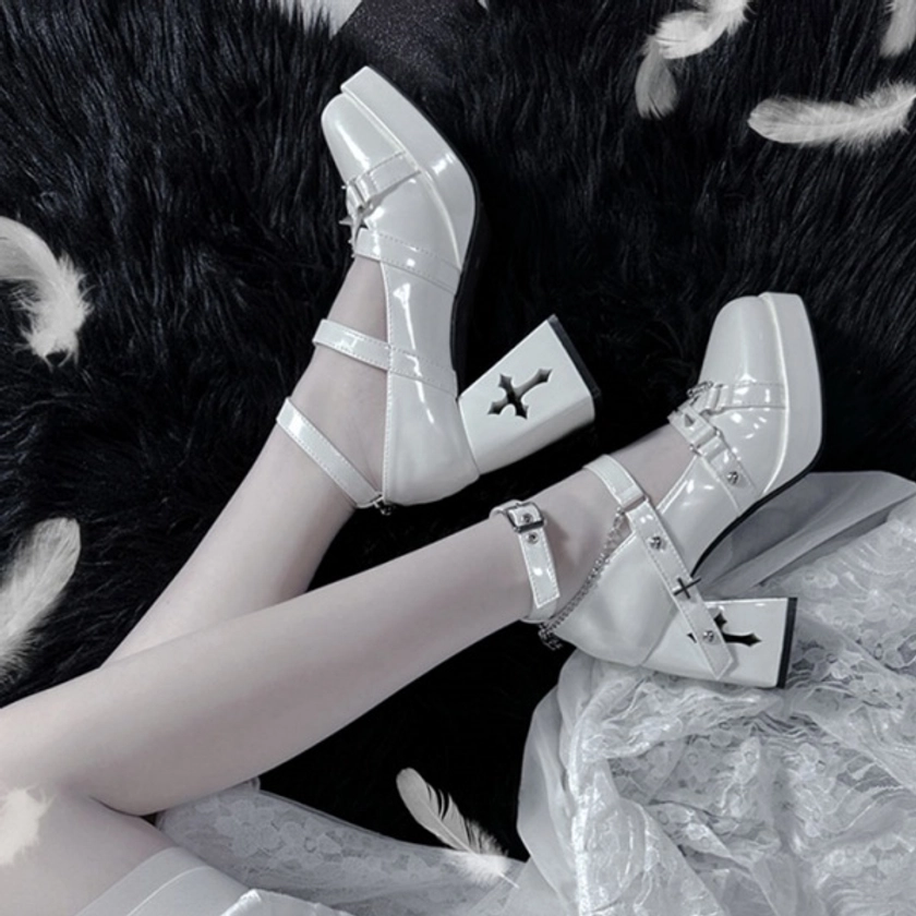 [£35.17]Silver-tone Studs Iron Chain Demon Cross Decorative White Lolita Shoes
