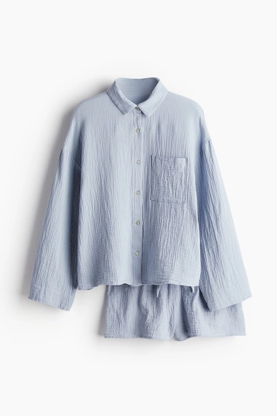 Pyjama shirt and shorts - Long sleeve - Regular length - Light dusty blue - Ladies | H&M GB