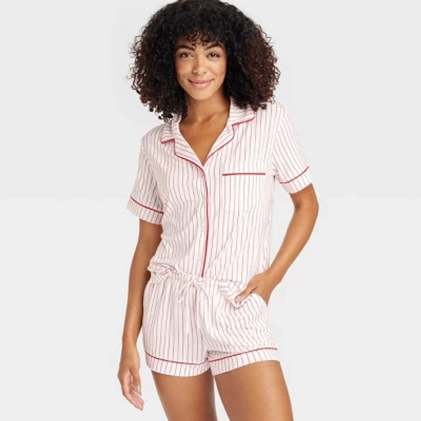 Women's Striped Cloud Knit Short Sleeve Top and Shorts Pajama Set - Auden™ Cream M