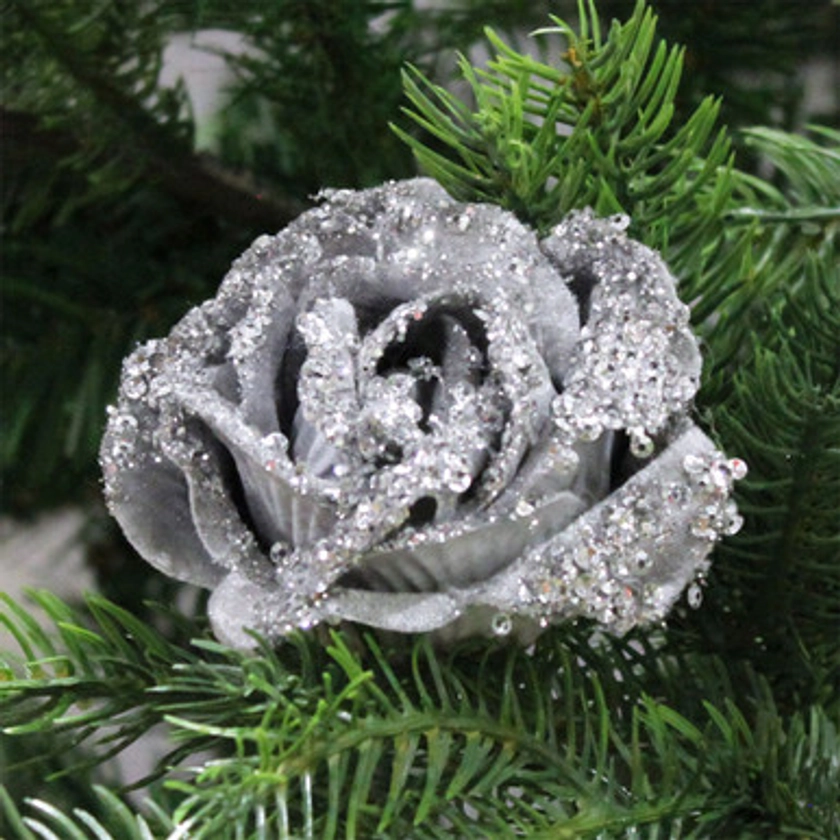 Silver Velvet Rose Clip On Decoration - 10cm