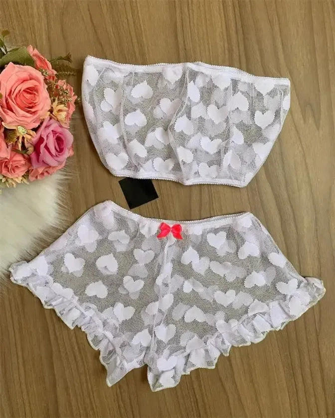 Olivia Mark - Sheer mesh lingerie set with ruffled hem and flocked heart