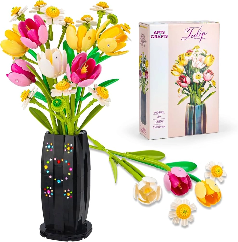 IKIDSUN Bouquet de Fleur Plantes Construction, Tulipes Marguerites artificielles avec Vase, Valentins Cadeau d'anniversaire, pour Filles Adultes à partir de 6 Ans