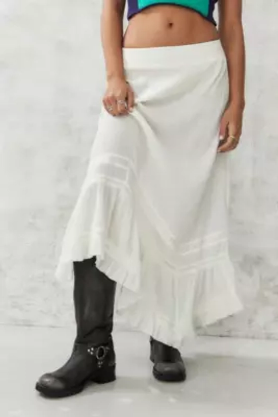 UO White Crinkle Asymmetrical Prairie Maxi Skirt