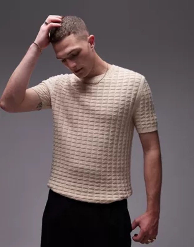 Topman relaxed textured knit short sleeve t-shirt in beige | ASOS