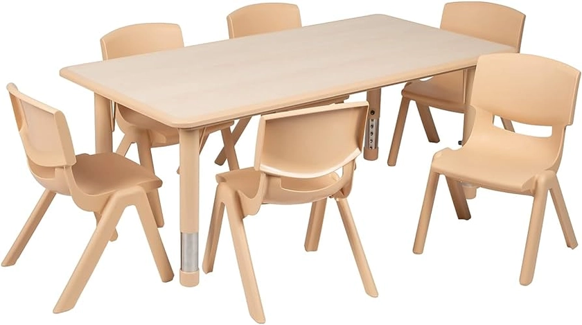 Flash Furniture Emmy Adjustable Classroom Activity Table with 6 Stackable Chairs, Rectangular Plastic Activity Table for Kids, 23.625" W x 47.25" L, Natural