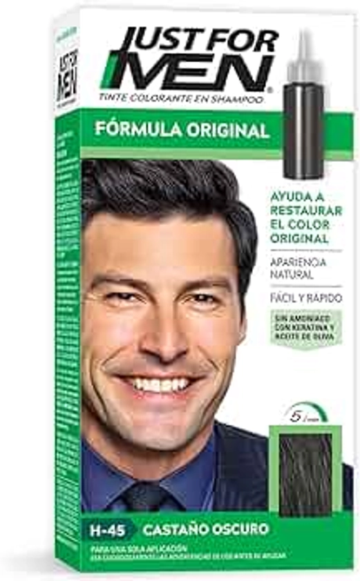 Just For Men Tinte colorante para hombre en shampoo, castaño oscuro H45, ideal para cubrir 100% de las canas, 66ml