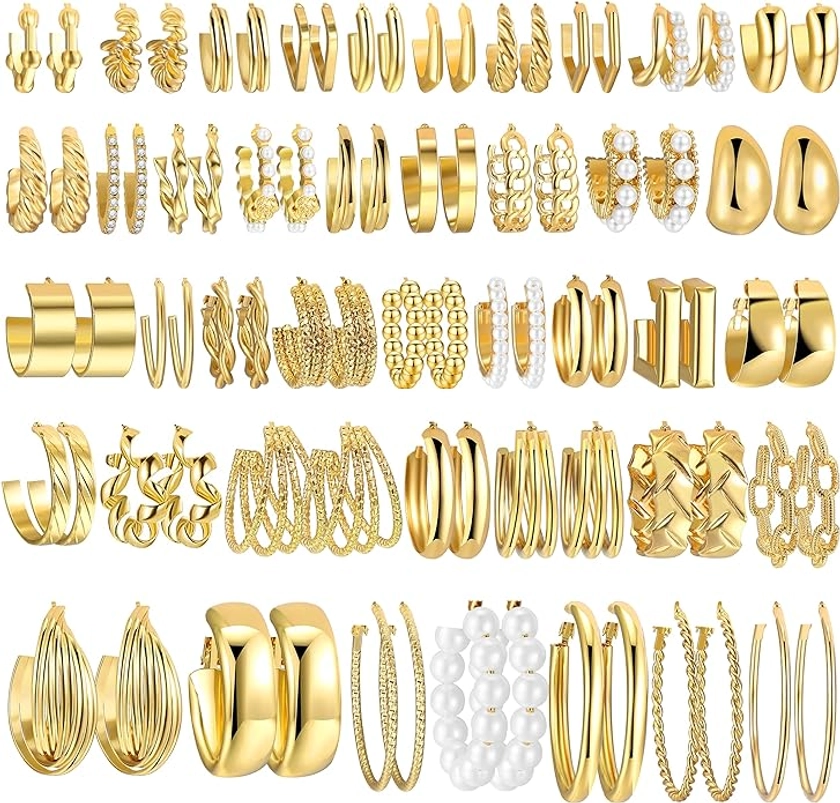 Amazon.com: 42 Pairs Gold Hoop Earrings Set for Women, Fashion Chunky Pearl Earrings Multipack Twisted Statement Earring Pack, Hypoallergenic Small Big Hoops Earrings for Birthday Party (gold A): Clothing, Shoes & Jewelry