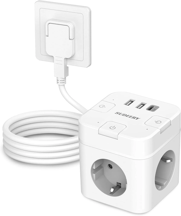 SUDEERY Cube de prise 6 en 1 avec USB C, 3 prises, prise plate avec interrupteur individuel, multiprise cube avec câble de 2 m, 1 multiprise USB de type C pour bureau, maison, voyage (blanc)