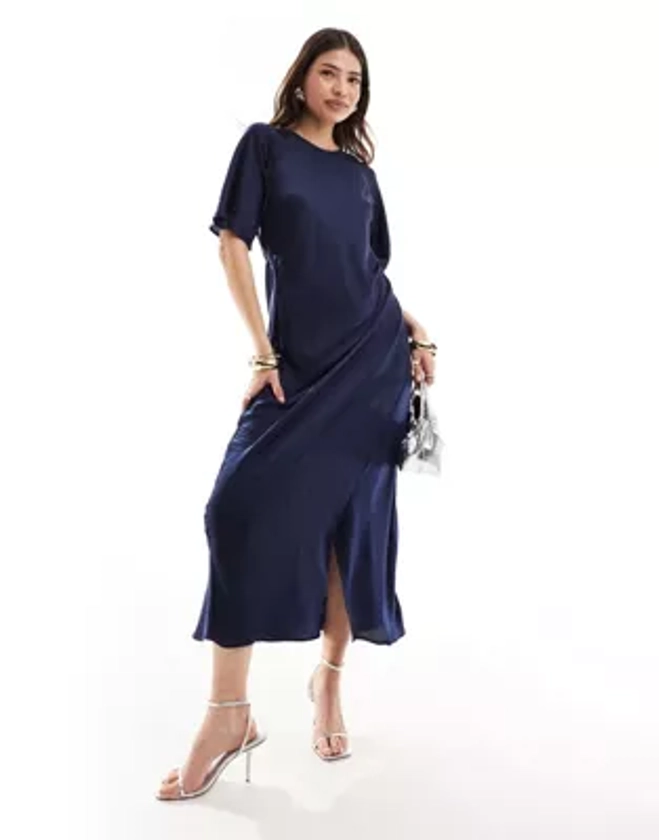 ASOS DESIGN flutter sleeve wrap midi dress in navy | ASOS