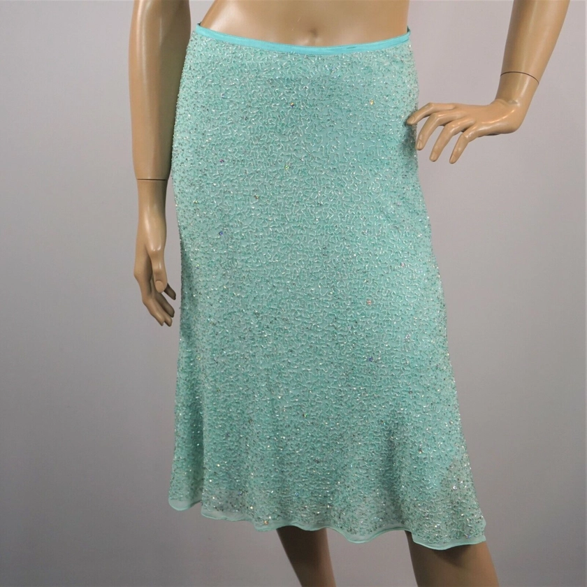 Lillie Rubin Skirt Beaded Sequined Vintage 70s Aqua Blue Silk Womens Sz S New