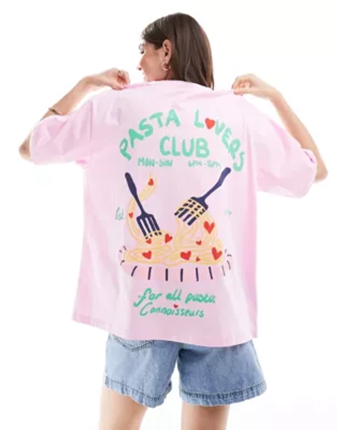 ASOS DESIGN oversized t-shirt with pasta lover graphic in pink