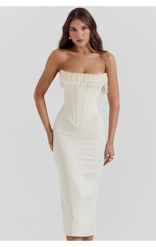 Clothing : Midi Dresses : 'Nalita' Vintage Cream Embellished Strapless Dress