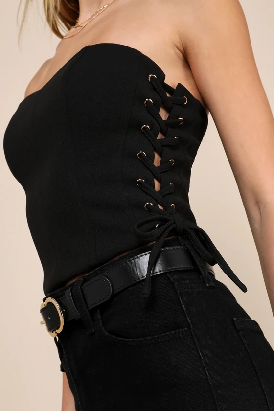 Adoring Allure Black Strapless Lace-Up Bustier Crop Top