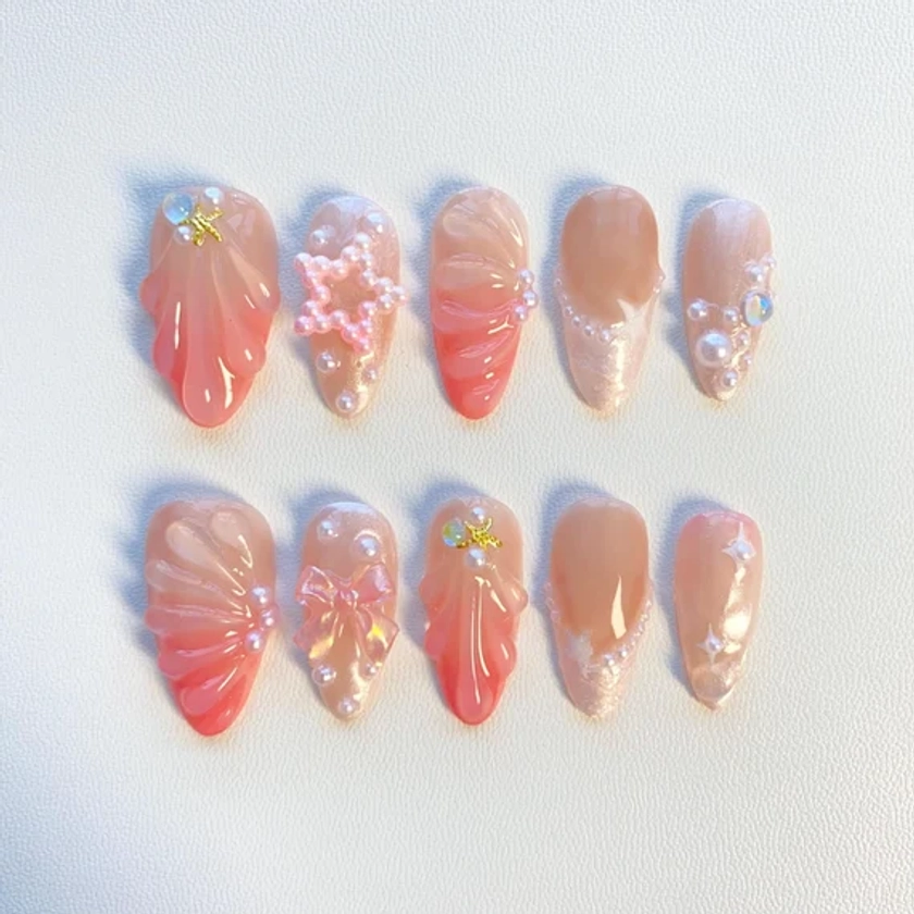 Fairycorn Pink Press On Nails Short Almond Nails/Pink Nails/Pearl Shell Nail/Star Nails/Bow Nails/Dreamy Nails/Fairycorn Nails/Birthday Nail