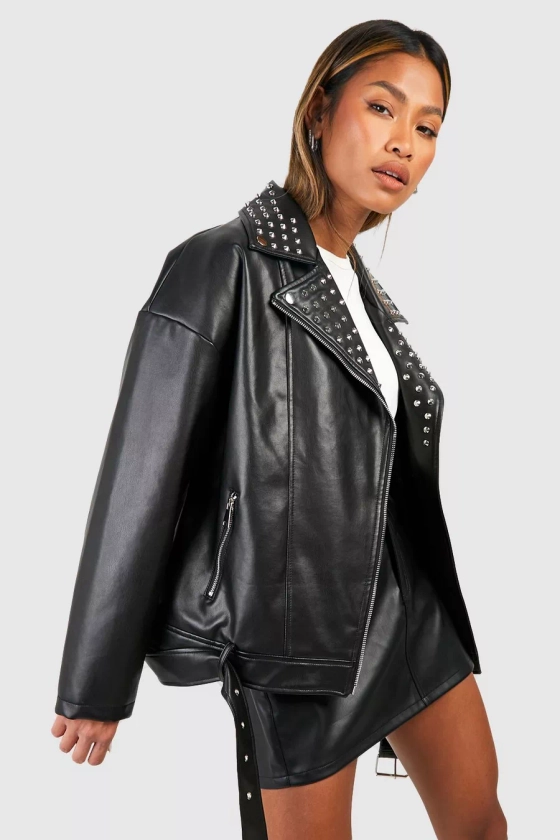 Oversized Studded Faux Leather Moto Jacket