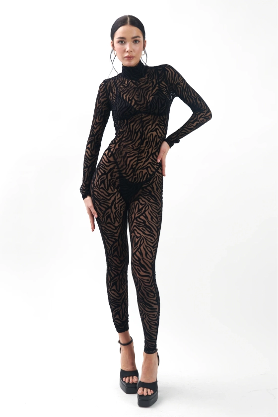 Black Kendall jumpsuit with tiger pattern