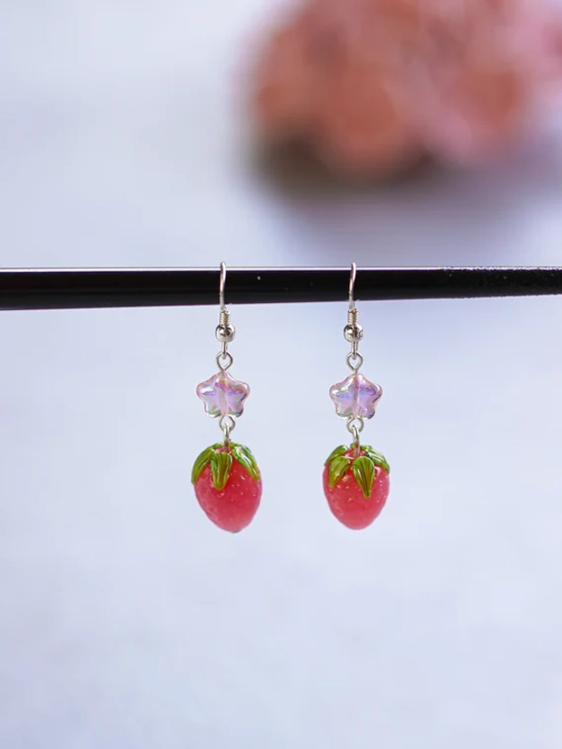 Starry Strawberry Raspberry Earrings | Czech glass beads | Lampwork berries | 925 sterling silver