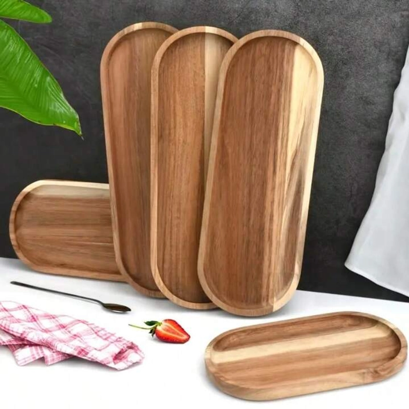 1pc Acacia Wood Tray, Oval Wooden Serving Tray For Fruit, Dessert, Cake, Cheese, Coffee, Tea, Bread, Breakfast