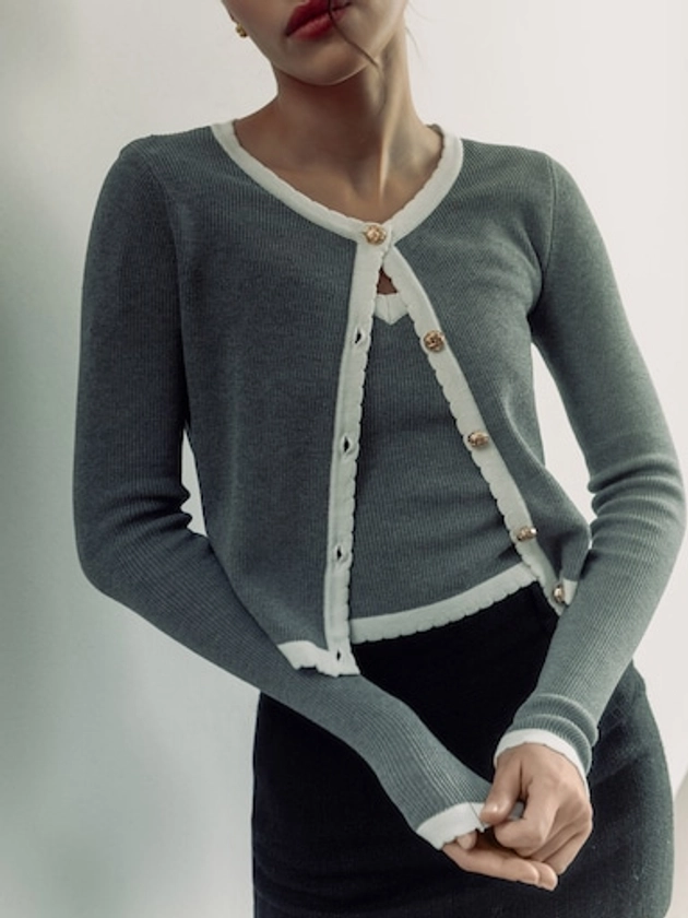 Fitted ribbed cardigan with contrasting edging