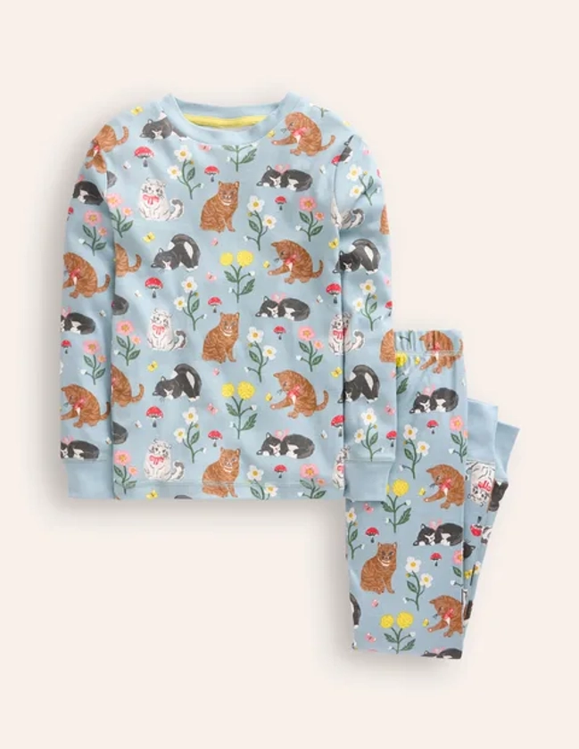 Snug Long John Pajamas - Turquoise Cats | Boden US