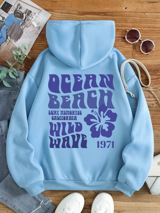 Floral & Slogan Graphic Drawstring Thermal Lined Hoodie