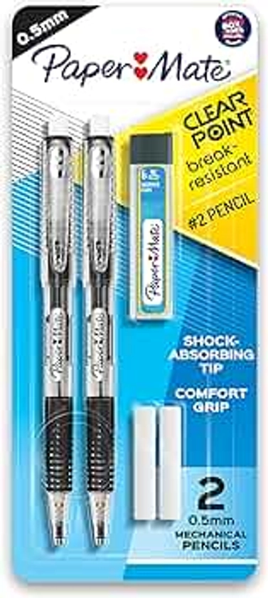 Paper Mate Clearpoint Mechanical Pencils 0.5mm, Break Resistant HB #2 Lead, School Supplies, Art Supplies, Drawing Supplies, Sketching Pencils, 2 Pencils, Black, 1 Lead Refill Set, 2 Erasers