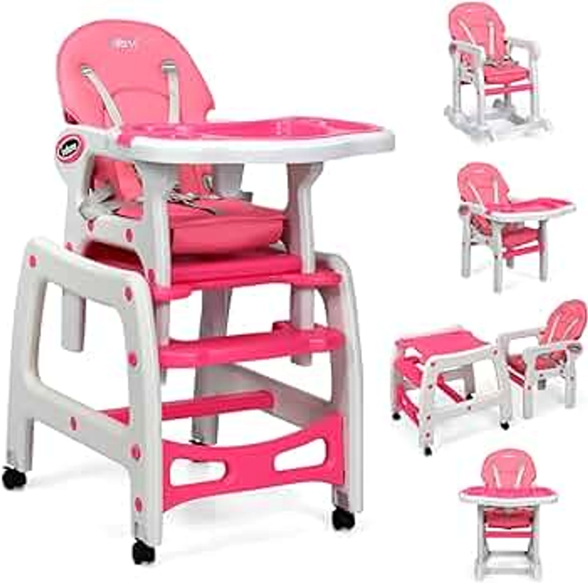 INFANS 5 in 1 Baby High Chair, Convertible Toddler Table Chair Set, Rocking Chair, Multi-Function Seat with Lockable Universal Wheels, Adjustable Seat Back, Removable Trays