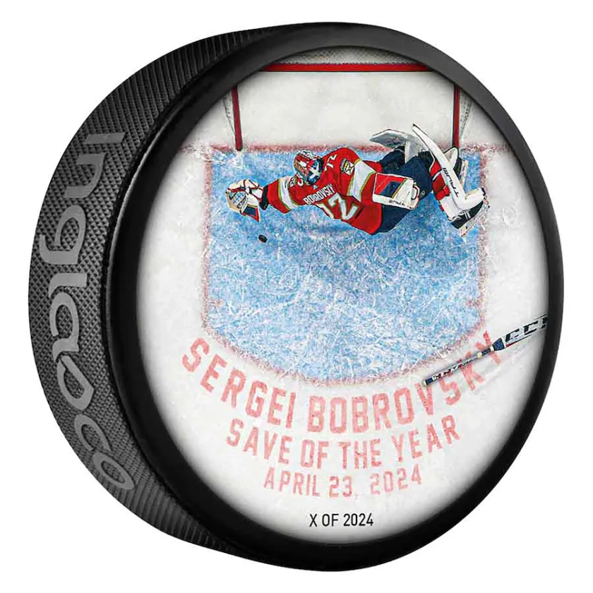 Sergei Bobrovsky Florida Panthers Inglasco 2024 Stanley Cup Playoffs Round One Diving Save Hockey Puck - Limited Edition of 2,024