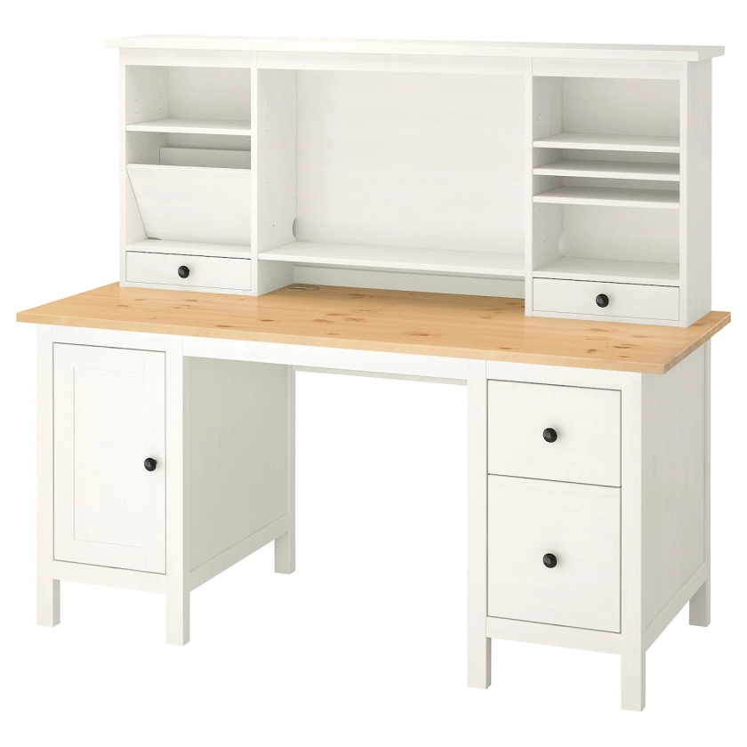 HEMNES Desk with add-on unit - white stain light brown 155x137 cm