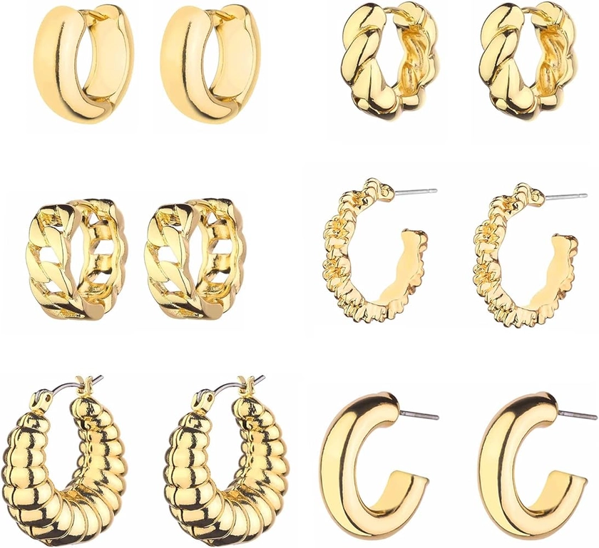 Wgoud Chunky Hoop Earrings Set 14K Gold Hoop Earrings for Women Hypoallergenic, Thick Hoops Earring set, Twist Huggie Hoop Earring