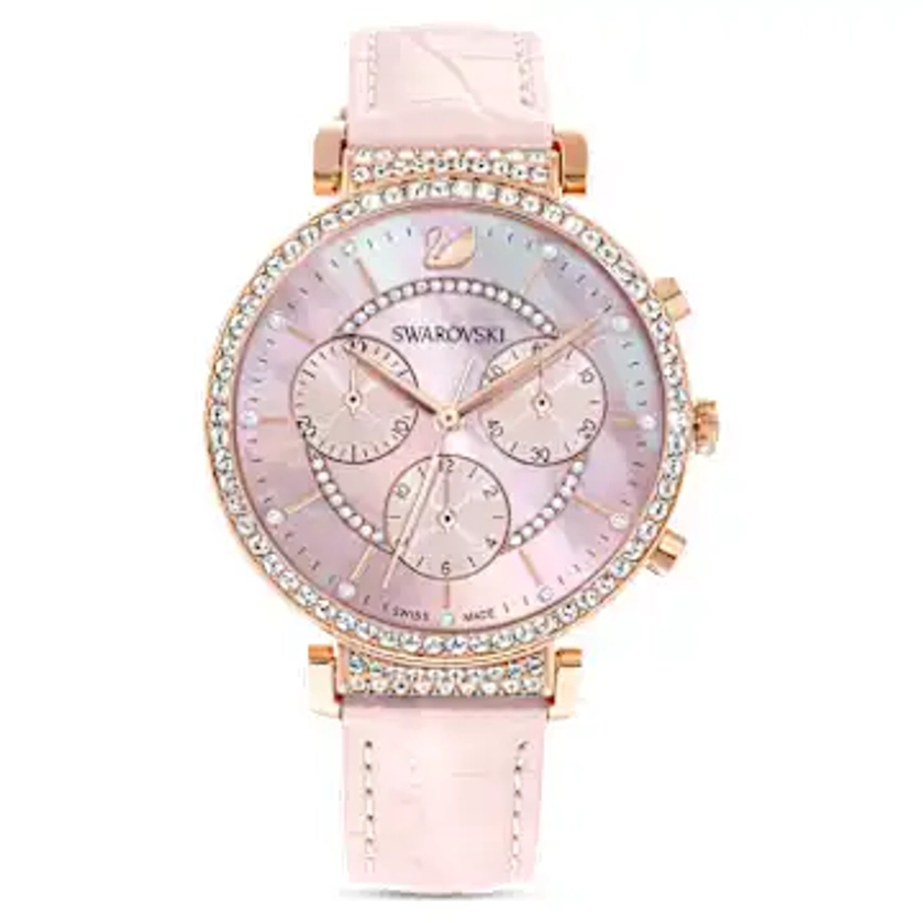 Passage Chrono watch, Swiss Made, Leather strap, Pink, Rose gold-tone finish by SWAROVSKI