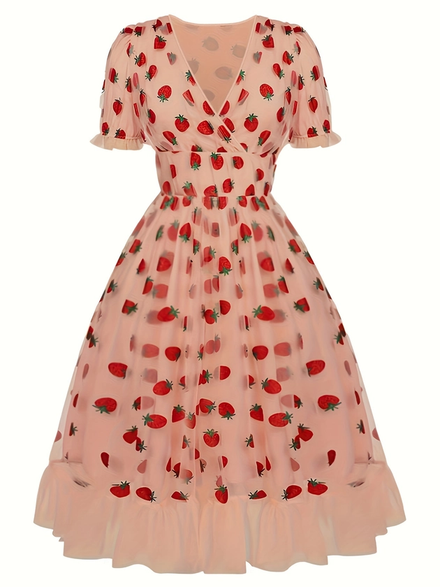 Plus Size Strawberry Print Cinched Waist Dress, Elegant Surplice Neck Short Sleeve Dress For Spring &amp; Summer, Women&#39;s Plus Size Clothing