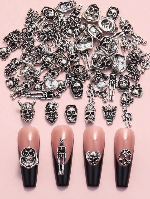 Halloween 50pcs Gothic Vintage Nail Art Decorations, Skull Shaped Metal Nail Rhinestones DIY Nail Jewelry, Nail Gems Art Supplies | SHEIN UK