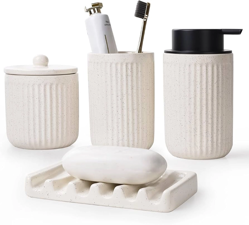 Amazon.com: BosilunLife Ceramic Bathroom Accessories Set - Bathroom Counter Soap Set Beige Bathroom Decor Sets Accessories Bathroom Lotion Soap Dispenser and Toothbrush Holder Set, Soap Dish, Apothecary Jars : Home & Kitchen