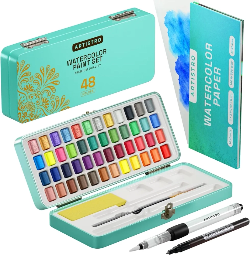 Artistro Palette Aquarelle de Poche, 48 Couleurs Vives dans une Boîte portative, Palette de peinture Incluant Couleurs Métalliques et Fluorescentes. Kit pour Artistes, Amateurs de Peinture