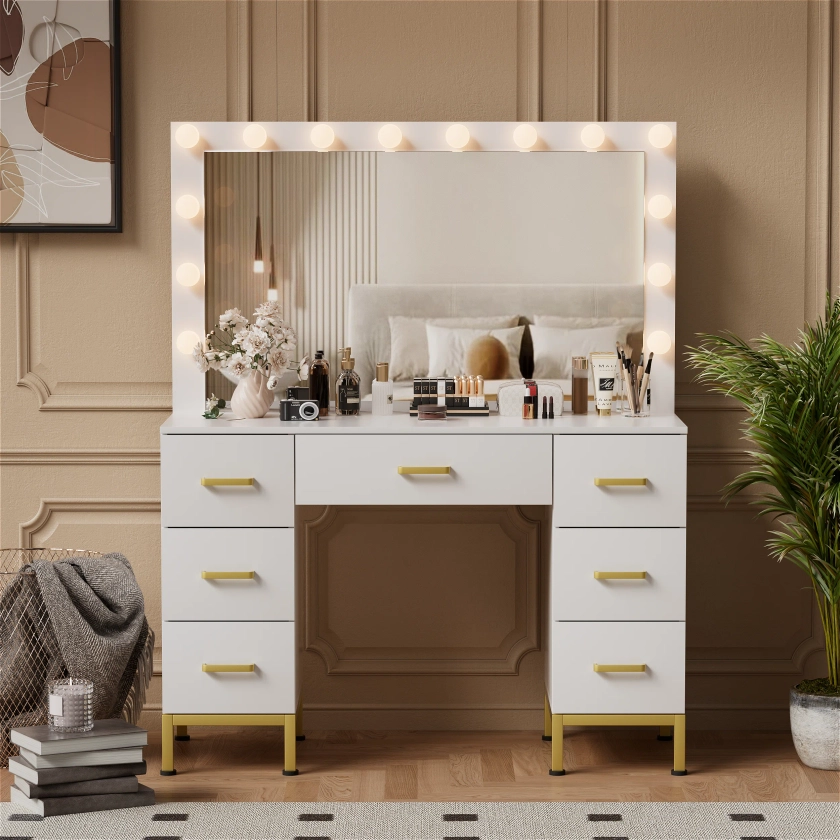 Azmira 43.3'' Large Makeup Vanity, Vanity Set with Lighted Mirror