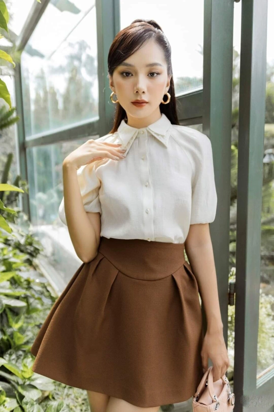 Button Up Silk Blouse with Puff Sleeves And Collared