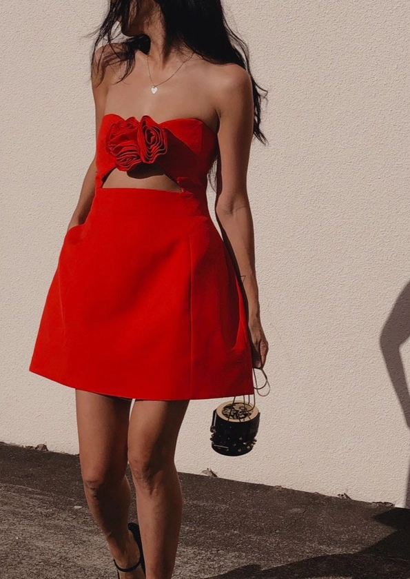 Valencia Dress - Red | Flower Appliqué Strapless Mini Dress