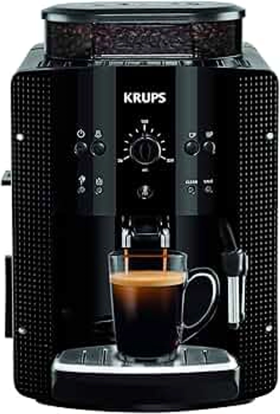 Krups Machine à café grain, 1,7 L, 2 tasses en simultané, Nettoyage automatique, Buse vapeur pour Cappuccino, Cafetière espresso, Essential noire YY8125FD, Noir